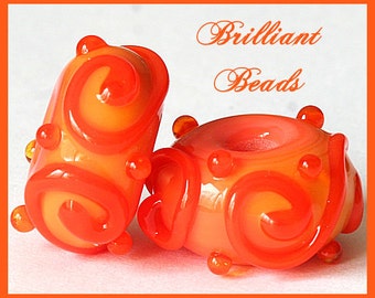 Sunny Mango Coral Scrollwork Glass Bead Pair- Handmade Lampwork Beads SRA, Made To Order