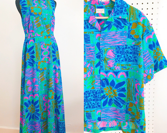 1960s Mod Hawaiian Tiki Maxi Dress and Matching Top Set - 1960s Cotton Tiki Maxi Dress - Vintage Tiki Hawaiian Button Up