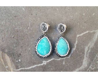 Dangle earrings with blue stone and marcasite crystals