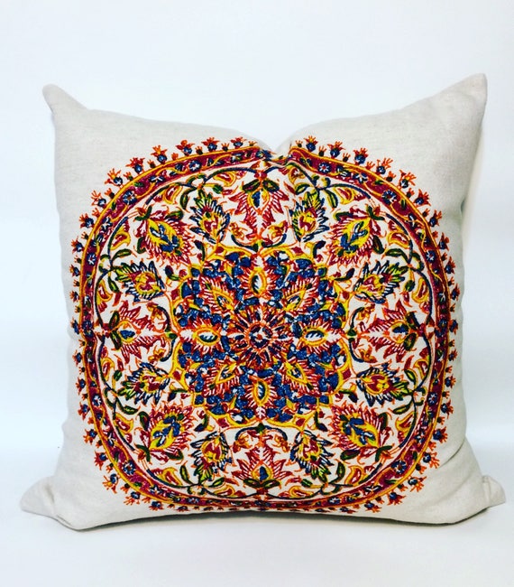 Hand printed Mandala pillow, traditional block printed linen blend cushions, mandala design, bohemian pillows, multicolored pillow