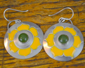Silver Earrings with Yellow Flowers and Jade