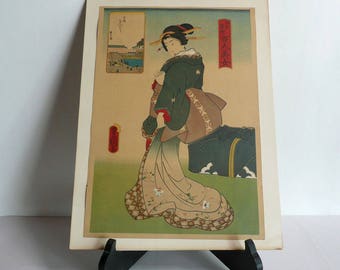 Ukiyoe print - Japanese vintage - one of "Famous Edo spots and a hundred beautiful women" series by Toyokuni - WhatsForPudding #2231