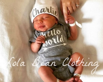 Baby Boy Coming Home Outfit Newborn Hello World Bodysuit Grey Custom Personalized Hat Beanie Take Home Outfit lolabeanclothing
