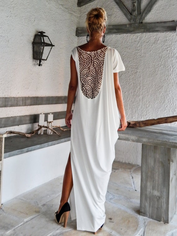 Ivory Maxi Dress Kaftan with Lace Mesh Details / Asymmetric