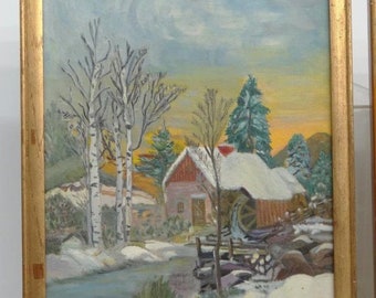 Painted original winter scene Hudson Valley NY