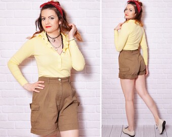 High Waist Shorts Rise Shorts African Cotton Vacation Brown 90s Cargo Vintage Shorts Pants 90s Khaki Women Beach Shorts