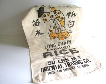 Vintage Muslin Rice Sack, 50 LBS. Mikado Brand Rice, Geisha, San Francisco, Bright Graphics Black Orange Graphics Craft Supply NOS