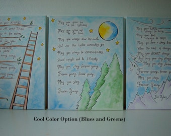 Bob Dylan's Forever Young - Illustrated Canvas Painting Set - Three Panels - Nursery Art - Choose Your Color - Choose Your Size