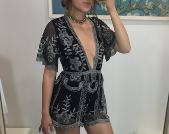 Black/Silver Deep V Romper