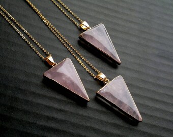 Rose Quartz Necklace Rose Quartz Triangle Necklace Rose Quartz Pendant Geometric Stone Necklace Rose Quartz Jewelry Geometric Jewelry