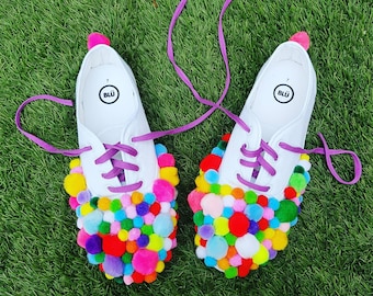 Summer of fun pom pom daps UK Size 7 - perfect for festivals & picnics - pair of white trainers covered in over 100 multicoloured pom poms