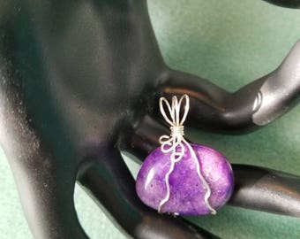 Silver plated wire wrapped purple stone pendant