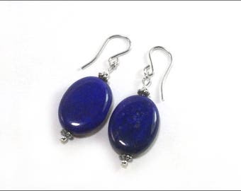 Lapis Lazuli Earrings - Flat Oval and Sterling Silver Bali-Style spacer beads