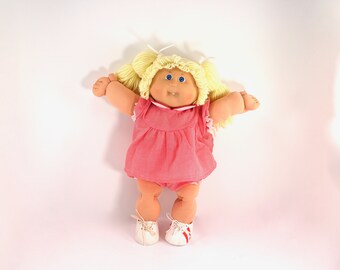 1985 vintage Cabbage Patch Kid - blonde girl with pigtails, blue eyes, yellow hair, tooth, dress, dimple, 80s, 1980s toys, dolls