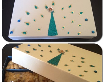 Box crafted to capture the beauty of a peacock with contrast color in base