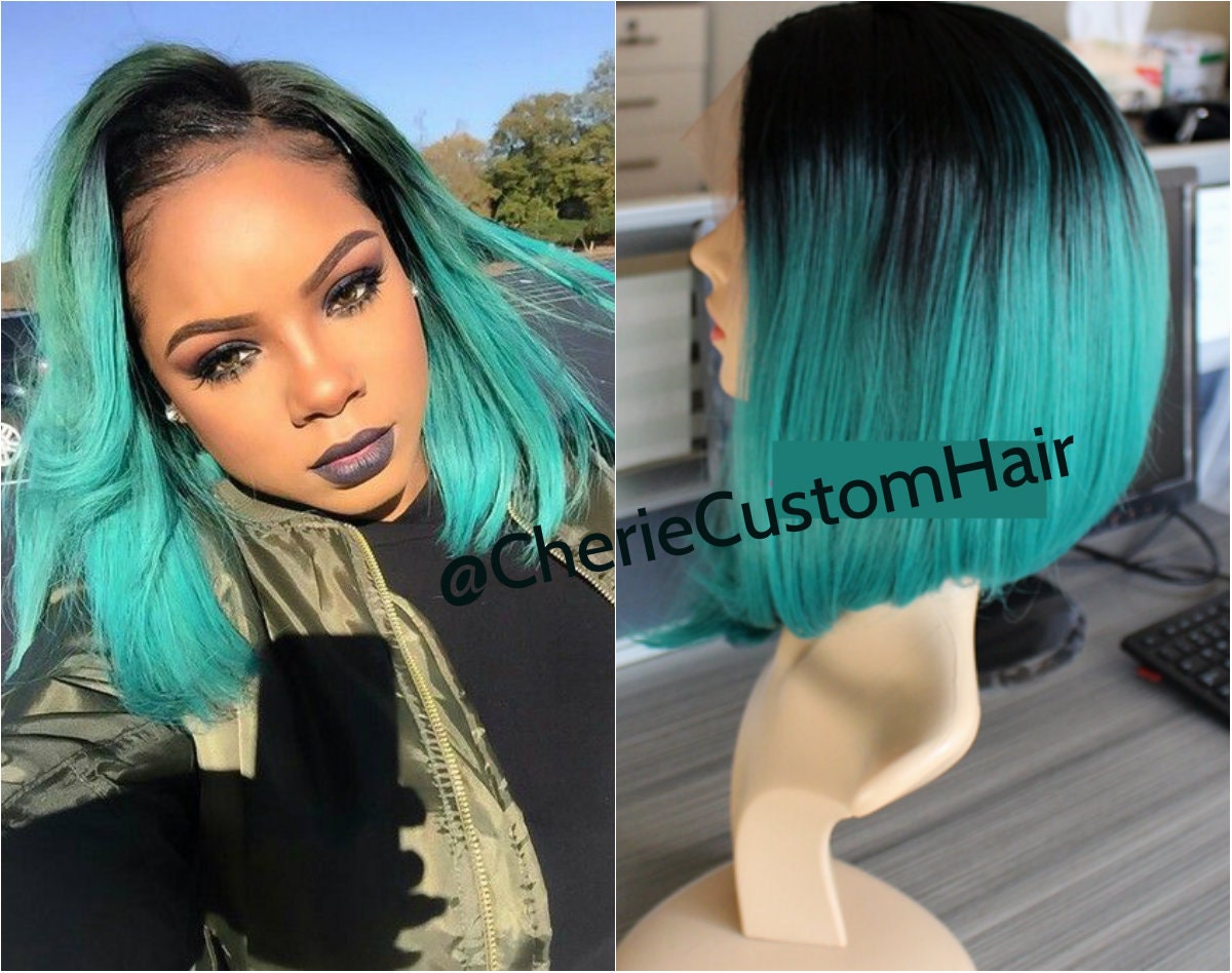 Balayage Dip Dye Dark Root Electric Green Bob Lace Front Wig