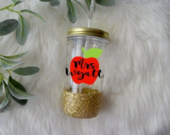 Teacher Custom Apple Glitter Tumbler Mason Jar Tumbler // Glitter Dipped // Teacher Gift // Glitter Tumbler