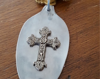 Flattened spoon key ring....Christian....ornate cross