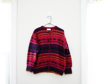 vintage 80s United Colors of Benetton Colorful Patterned Mohair Oversized Slouchy Cardigan Sweater M L