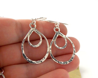 Double Loop Lace Earrings: sterling silver earrings, dangle earrings, hoop earrings, hammered earrings, tear drop earrings, polished