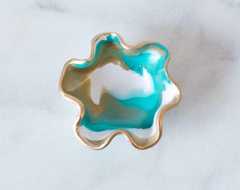 Ring Dish-Turquoise, Desk Storage, Jewelry holder Turquoise, Ring Dish with Gold Rim, Marbled Ring Dish, Colorful Jewelry Storage