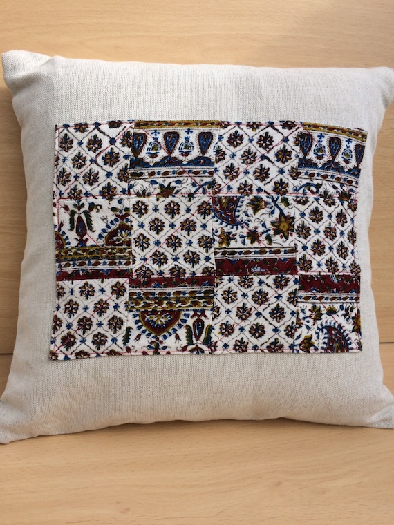 Decorative linen pillow cover , handmade pillow with patchwork , slow fashion , natural textile gift idea