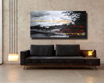 72x32" Black Grey White Red Mustard Original Abstract Painting Extra Large on Canvas Wall Art Home Decor Wall Hanging