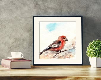 Bird Original watercolor painting, bird on a branch, painting of bird, bird watercolour art