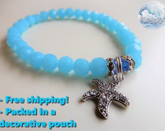 Crystal bracelet, beaded bracelet, sea starfish bracelet, blue sky bracelet, beach bracelet, beach jewelry, summer jewelry,
