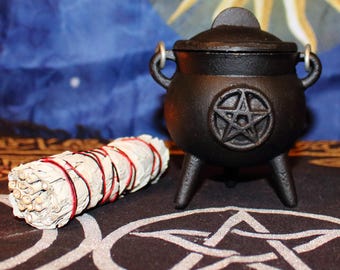 Pentacle Cast Iron Cauldron, Cauldron Smudge Kit, White Sage Candle
