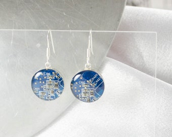 Circuit Board Earrings, Blue Sterling Silver Jewelry, Blue Dangle Earrings, Software Engineer, Women in Computing, Wearable Technology