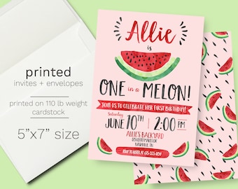 Watermelon Birthday Invitation PRINTED INVITES, One in a Melon, First Birthday Party, girl birthday, first birthday party, 1st birthday