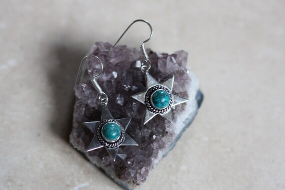 TURQUOISE STAR EARRINGS - Silver Earrings - Crystal Earrings - Healing Crystal Jewellery - Navajo - Statement - Bohemian - Vintage - Crystal