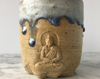 Buddha Tea Bowl Chawan Marbled Glazed Stoneware Art Vessel, Bas Relief Sculpture Cup Agateware