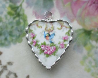 Vintage Broken China Heart Pendant Sweet Bluebird Pink Swag of Roses Blue Bird