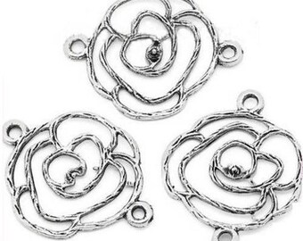 5 antique silver metal flower connectors