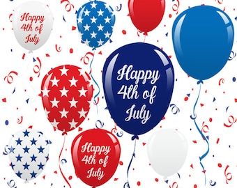 4th of July Balloons Set, Confetti, Patriotic, Independence Day, Culture, Freedom, Holiday, Symbol, Illustration, Cliparts