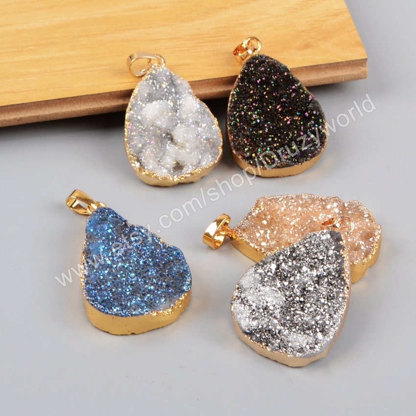 1pcs Gold Plated Teardrop Rough Titanium Druzy Quartz Pendant