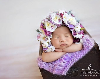 Flower Bonnet, Floral Bonnet, Garden Bonnet, Sitter Bonnet, Baby hat, Baby Photo Prop, Newborn Photo Prop, Knit Baby Bonnet, Baby Hat