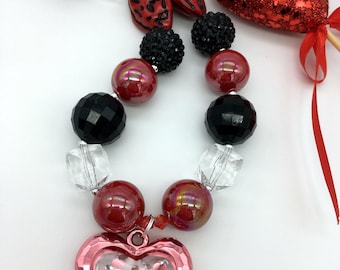 Toddler Girls LOVE Necklace - Red and Black Valentine Chunky Necklace - Valentine Chunky Heart Necklace - Red and Black Necklace