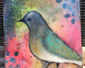 little bird mixed media painting on cradled wood