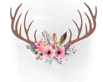 pink floral antlers SVG clipart, boho Antlers svg, feathers hornes SVG, flowers, Boho Antlers clipart AI Svg Png Jpeg