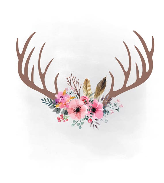 pink floral antlers SVG clipart boho Antlers svg feathers