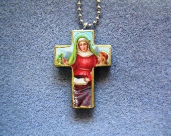 St. Ann Wood Catholic Crucifix Necklace Patron Mothers, Women in Labor A2