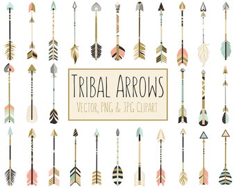 Tribal Arrows Boho Clipart - 28 300 DPI Vector, PNG & JPG Files - Unique Arrow Clip Art Set in Coral, Navy, Mint and Gold