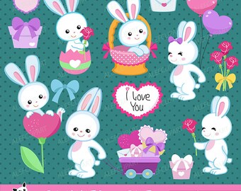 Bunnies in love - Digital Clipart Set, Bunnies Clipart, Valentine Clipart, Rabbits Clipart,Valentine Day.