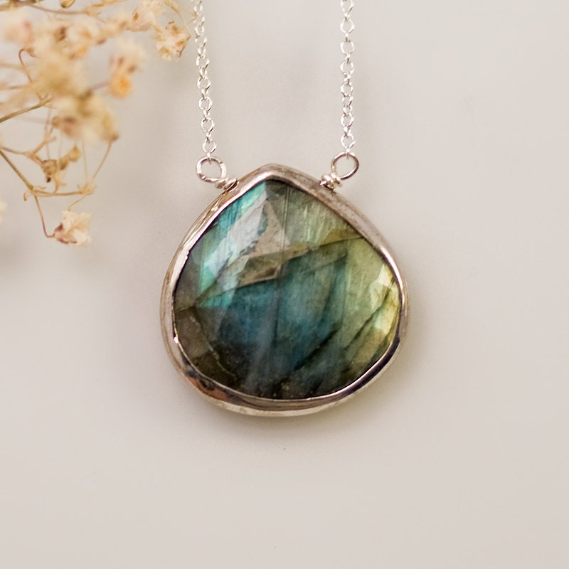 Labradorite Necklace Sterling Silver Bezel Set Labradorite 7831