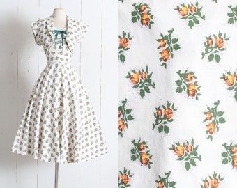 Vintage 1950s Dress | vintage 50s yellow rose floral cotton sun dress | bolero jacket | summer party dress | large lg l