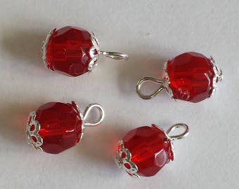 5 pendants 8mm faceted red glass beads