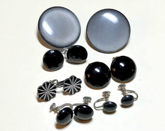 Six pairs of vintage black earrings, vintage earring lot, vintage jewelry lot, vintage craft lot, black earring lot, clip and screw 60s E76